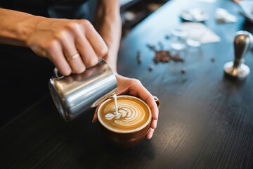 Skilled barista crafting beautiful latte art, pouring creamy milk into rich espresso for a perfect morning coffee experience.