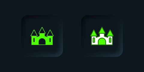 Green Castle icon isolated on black background. Medieval fortress with a tower. Protection from enemies. Reliability and defense of the city. Black square button. Vector
