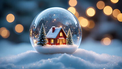 A charming snow globe with a cozy house and pine trees, set against a bokeh background