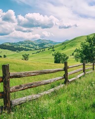 Scenic countryside landscape with wooden fence under blue sky, green hills, peaceful nature, rural charm, outdoor travel inspiration