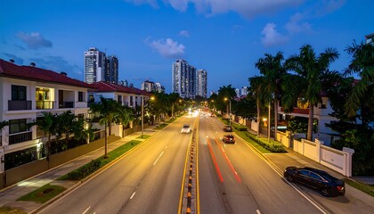 Obraz premium A paved road, lined with residential homes and palm trees, leads through a city at twilight, illuminated by streetlights.