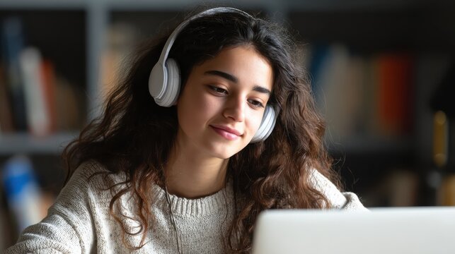 hispanic teen girl latin young woman school college student wear headphones learn watching online webinar webcast class looking at laptop elearning distance course or video calling remote teacher no 