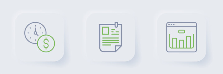 Set line Browser with stocks market, Resume and Time is money icon. Vector