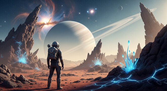 Astronaut explores alien planet landscape with ringed gas giant and mysterious energy glow