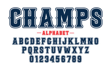 American college classic font. Vintage sports font in American style for T-shirt designs for football, baseball, and basketball teams. College, school and varsity style font, tackle twill. Vector
