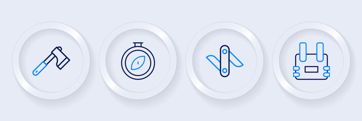 Set line Bulletproof vest, Swiss army knife, Compass and Wooden axe icon. Vector
