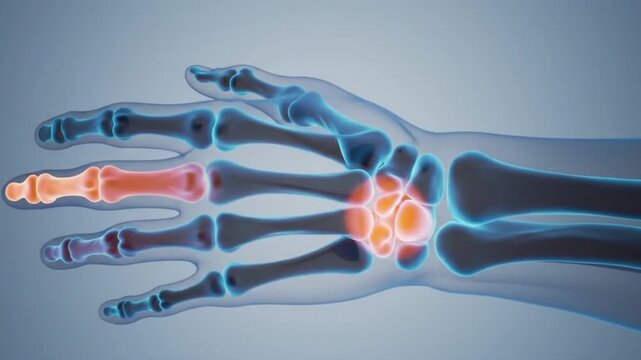 3D animation of wrist pain with inflamed carpal bones glowing orange.