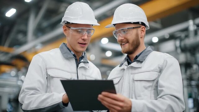 Engineers in safety glasses examine a plastic resin sample amidst industrial polymer mixers and pneumatic systems under bright factory lights.