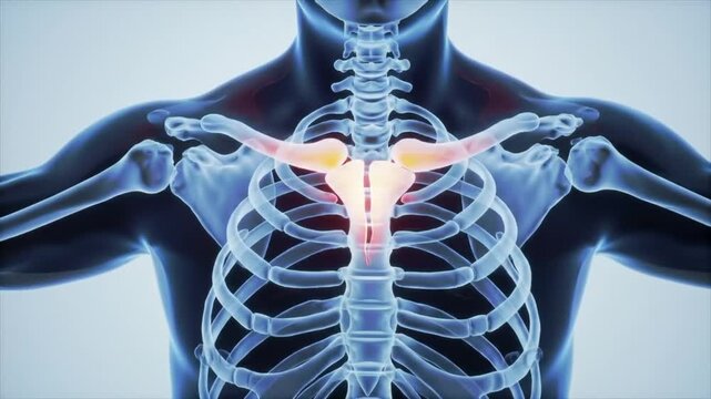 3D medical animation of a painful clavicle fracture with a glowing break.