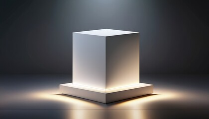 modern white cube pedestal with a twotiered base and soft glowing ambient light