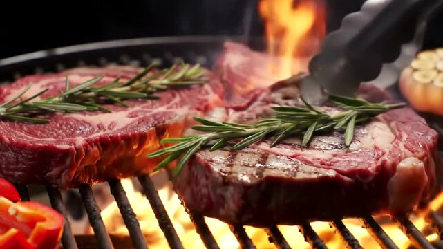 Two thick, juicy steaks seasoned with rosemary are grilled over an open flame on a barbecue, with a red bell pepper and garlic bulb nearby
