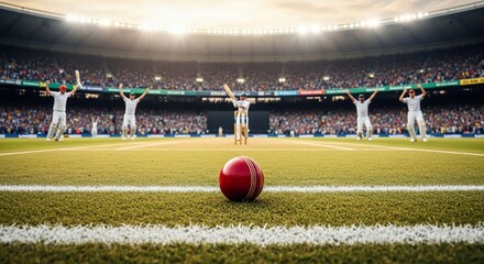 Cricket Match: Red Ball on Pitch with Players Celebrating Victory in Stadium