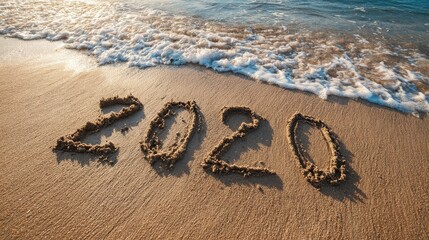 2021 and 2020 inscription written in the wet beach sand with sea water wave no logos no brands ar 169