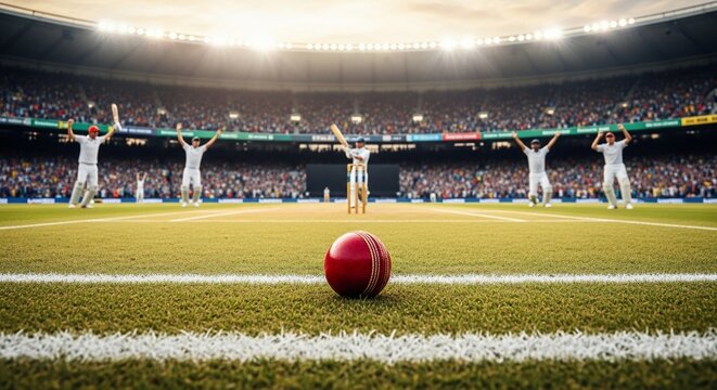 Cricket Match: Red Ball on Pitch with Players Celebrating Victory in Stadium