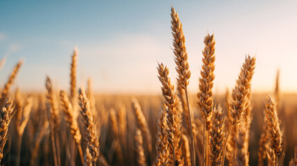 Fototapeta premium Golden wheat sways gently in the sunlight, showcasing nature's beauty and the bounty of agriculture in a serene landscape.