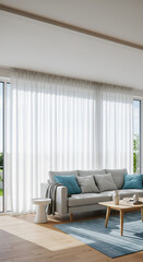 Sunlit living room with modern sofa, sheer curtains, and wooden coffee table.