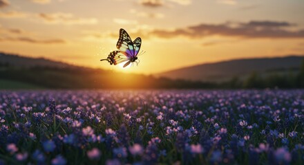 Obraz premium Luminous butterfly gracefully flitting over a vibrant flower meadow at sunset