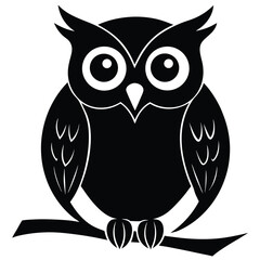 Black silhouette of an owl perched on a branch black and white