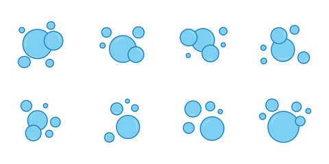 Soap bubbles icon. Foam bubble symbol. Sparkling water vector illustration. Fizzy soda drops sign. Oxygen sphere pictogram. Clean wash suds concept. Blue blowing bubbles icon set.