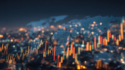 world business investment concept with digital screen with financial rising candlestick and map scheme at abstract night city background double exposure no logos no brands ar 169