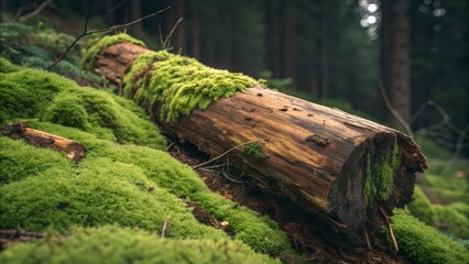 Obraz premium Moss covered log in a lush green forest landscape