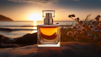 elegant perfume bottle against a stunning sunset backdrop highlighting aromatic essence luxury lifestyle and artistic photography on coastal scenery