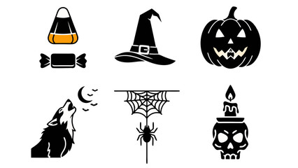 Set of Halloween Icons Including Pumpkin, Spider, Witch Hat, Skull, and Candies