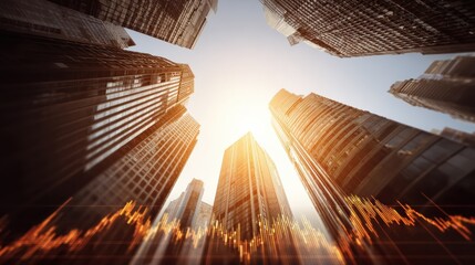real estate and investment concept with bottom view on sunny skyscrapers tops and digital financial chart with stock market diagram no logos no brands ar 169