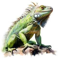 Fototapeta premium A vibrant green iguana with visible scales and a spiky crest sits on a rock against a bright white background.