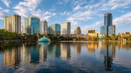 Fototapeta premium orlando florida usa downtown city skyline on eola lake no logos no brands ar 169