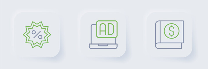 Set line Financial book, Advertising and Discount percent tag icon. Vector