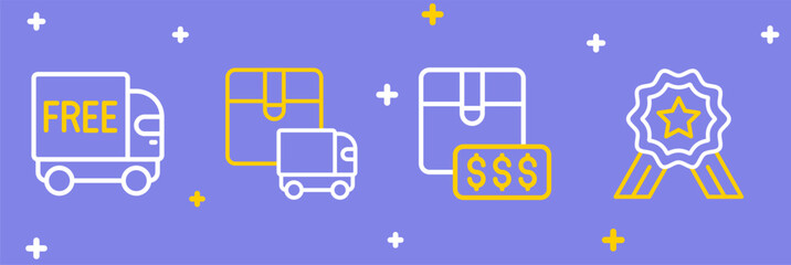 Set line Stars rating, Item price tag with dollar, Delivery cargo truck and Free delivery service icon. Vector