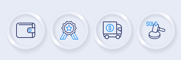 Set line Auction hammer, Armored truck, Stars rating and Wallet icon. Vector