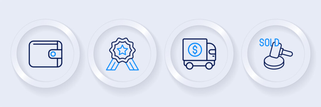 Set line Auction hammer, Armored truck, Stars rating and Wallet icon. Vector