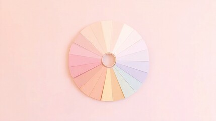 Obraz premium Pastel color palette wheel displayed on soft pink background, circular arrangement of gentle hues including blue, green,yellow,purple, minimal design for creativity, art, fashion,modern inspiration