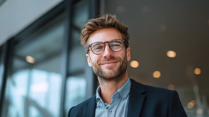 Obraz premium portrait of young businessman wearing eyeglasses and standing outside conference room portrait of happy business man wearing spectacles and looking at camera with copy space satisfied proud man no lo