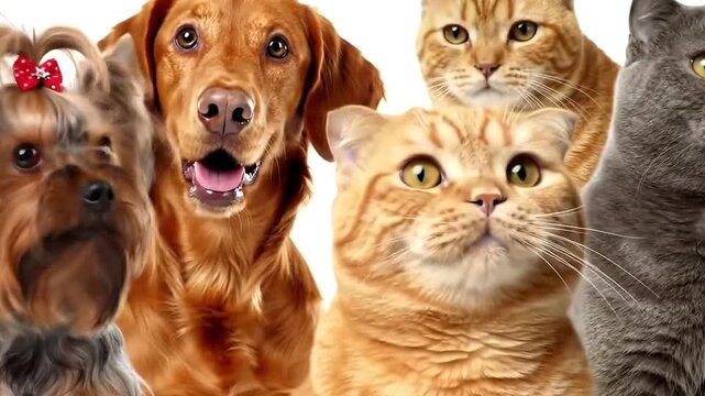 Group of four pets, including a yorkshire terrier, a golden retriever, a scottish fold cat, and a british shorthair cat, isolated on white background