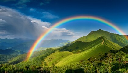 Obraz premium vision of a rainbow gracefully curving over a verdant emerald hued mountain epitomizing harmonious fusion of nature exuberant magnificence