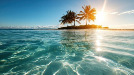 Bright Sunny Tropical Island with Palm Trees and Clear Water