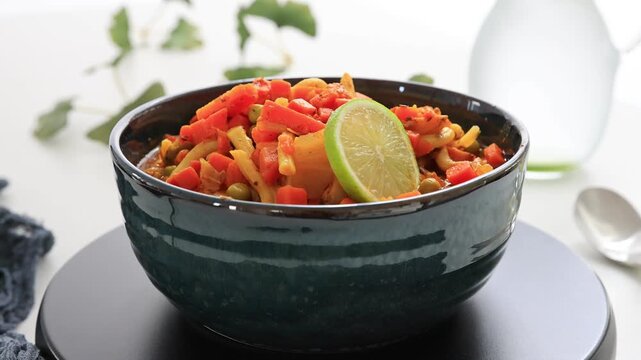 Rotierende asiatische Nudel-Bowl mit frischen Zutaten in Ultra HD