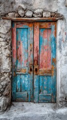 Old wooden door with peeling paint texture and stone wall