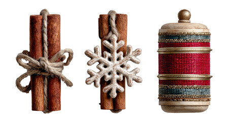 Isolated Cinnamon Sticks and Decorative Winter Ornaments on White