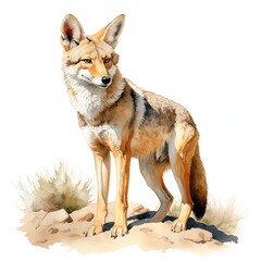 A watercolor painting depicts a coyote standing on light brown rocks and sparse beige grass, facing right, with a sharp focus on its fur and features.