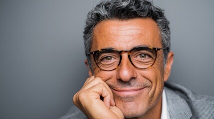 Fototapeta premium portrait of a mature businessman wearing glasses on grey background happy senior latin man looking at camera isolated over grey wall with copy space close up face of happy successful business man no 