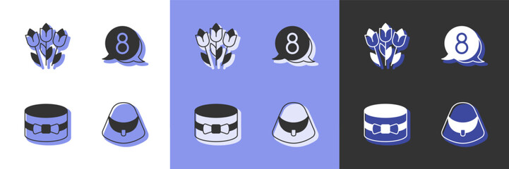 Set Handbag, Flower tulip, Gift box heart and 8 March in speech bubble icon. Vector