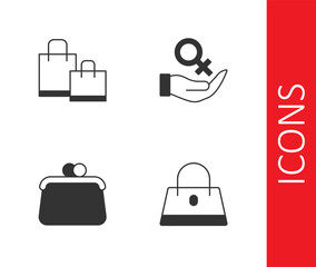 Set Handbag, Paper shopping, and Female gender symbol icon. Vector