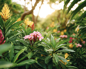 A vibrant garden scene filled with colorful flowers and lush green foliage, illuminated by soft sunlight.