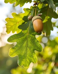 Obraz premium Close-up of a light brown acorn nestled amidst vibrant green oak leaves bathed in natural sunlight.