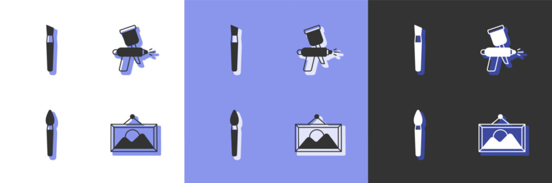 Set Picture landscape, Paint brush, and spray gun icon. Vector