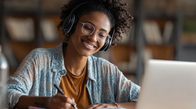 young happy smiling african american adult student wearing headphones having virtual education class meeting online call e learning webinar on laptop at home office writing notes no logos no brands a